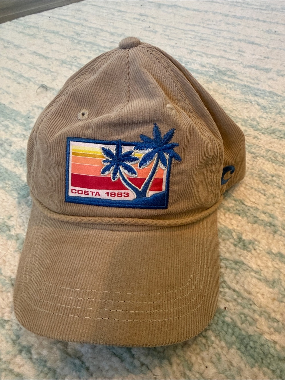 Costa Men's Khaki Corduroy Hat with Sunset Palm Patch